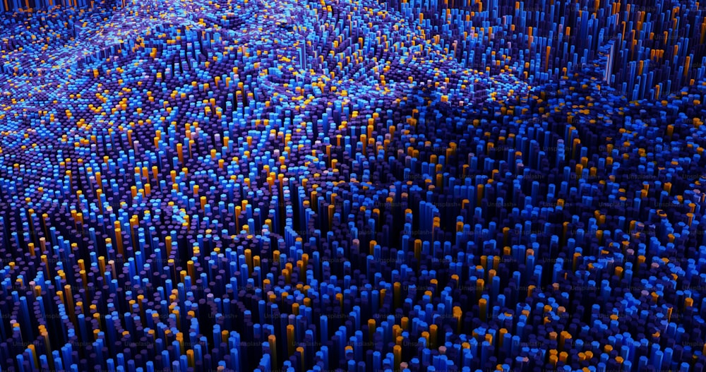 a large group of blue and yellow objects