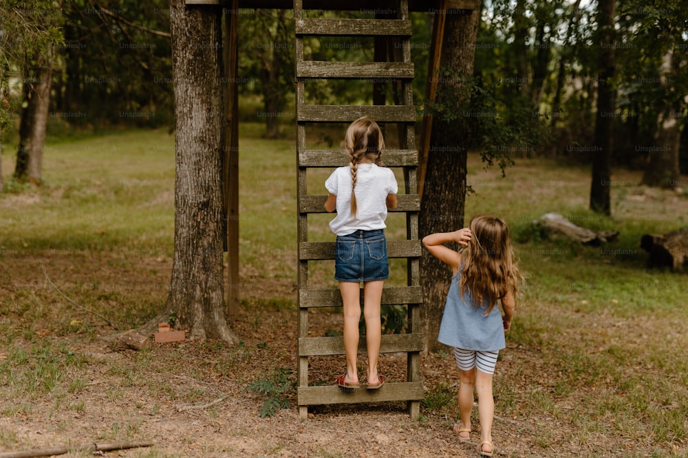 two young girls climbing a wooden ladder in the woods