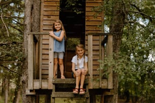 two little girls standing on a tree house