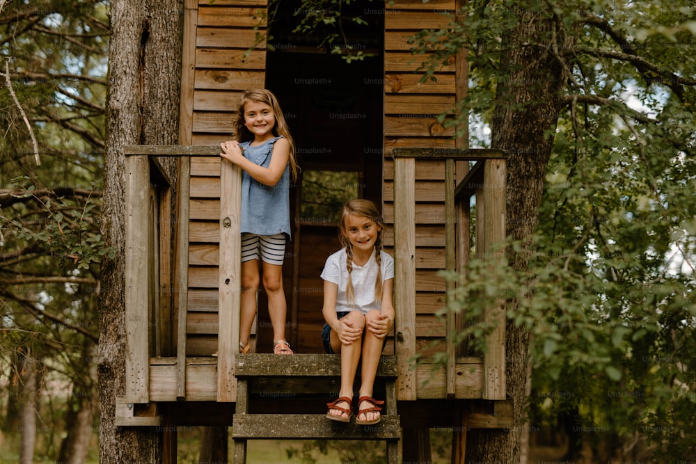 duas meninas em pé em uma casa na árvore