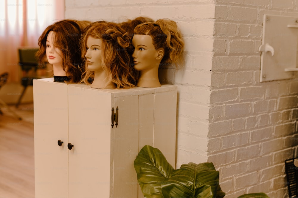 a group of mannequin heads sitting on top of a cabinet