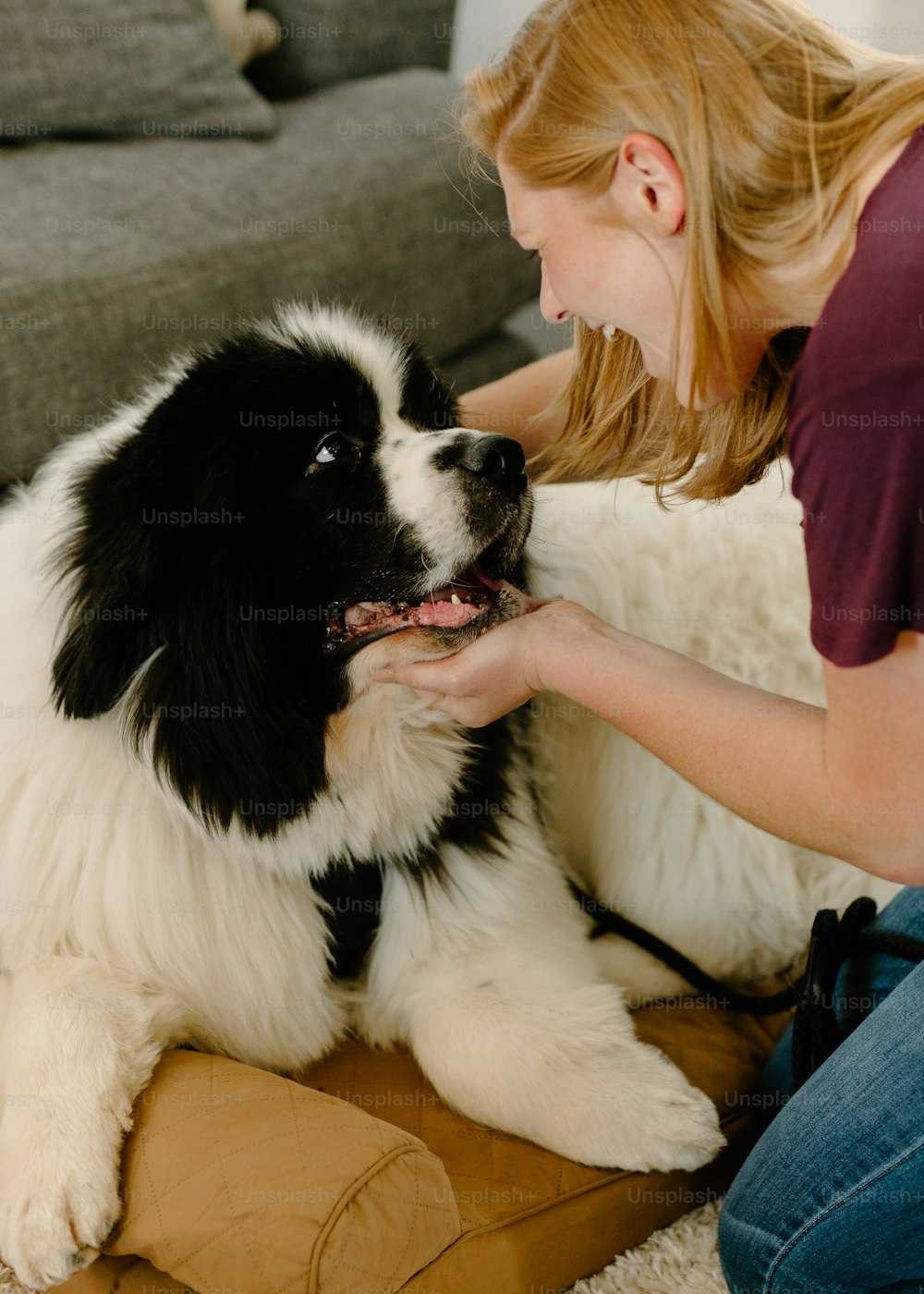 a woman petting a black and white dog