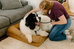 a woman kneeling down next to a black and white dog