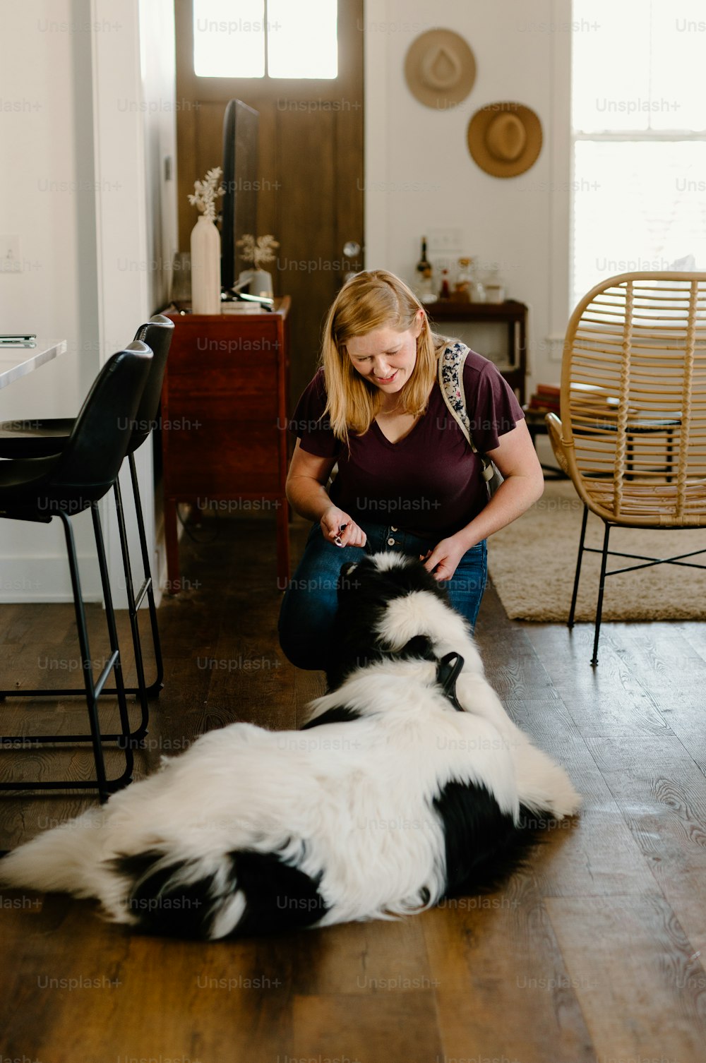 a woman sitting on the floor petting a black and white dog