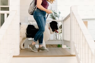 Une femme promène un chien dans les escaliers
