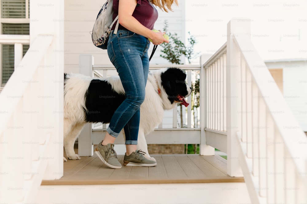 a woman is walking a dog down the stairs