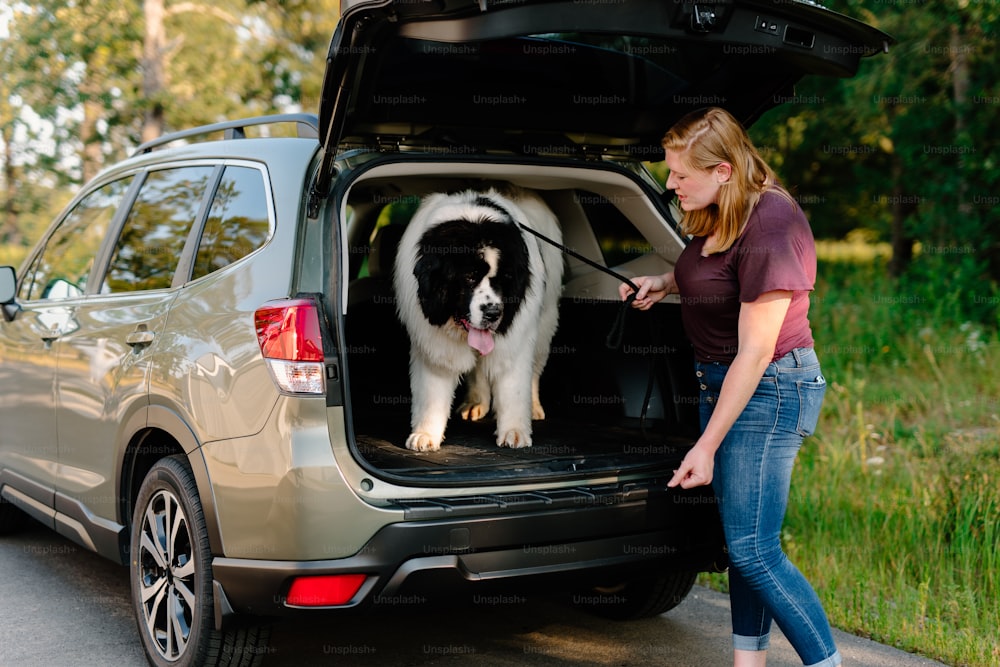 a woman standing next to a dog in the back of a car