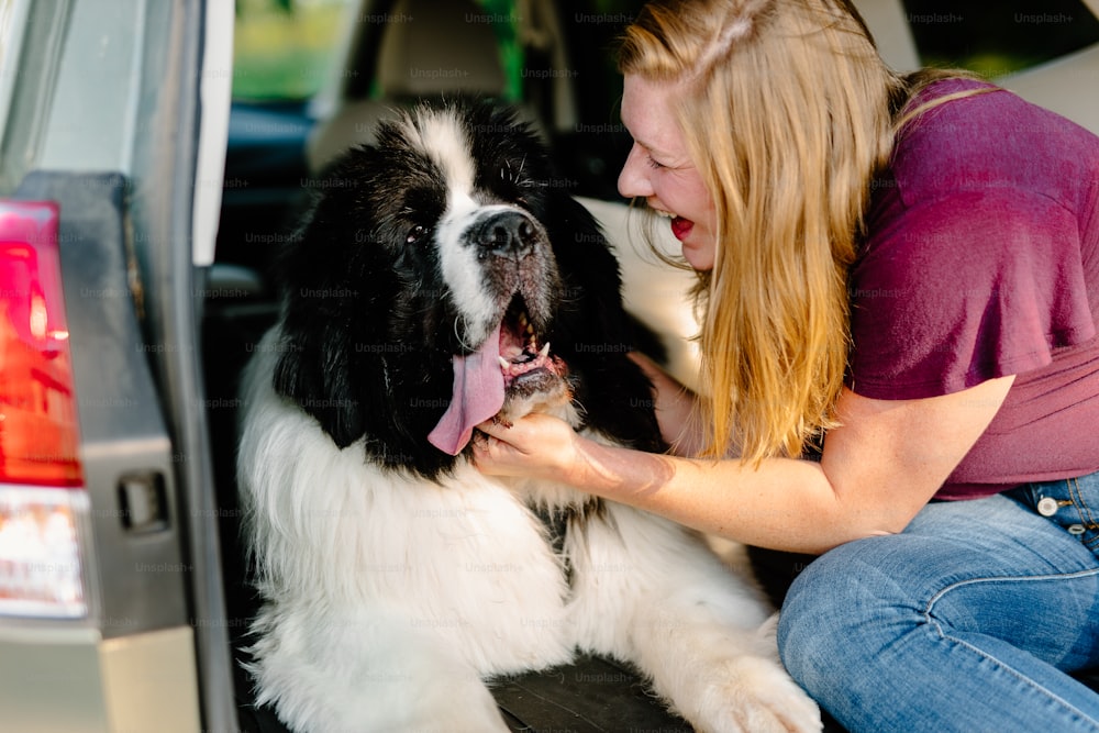 a woman petting a large black and white dog