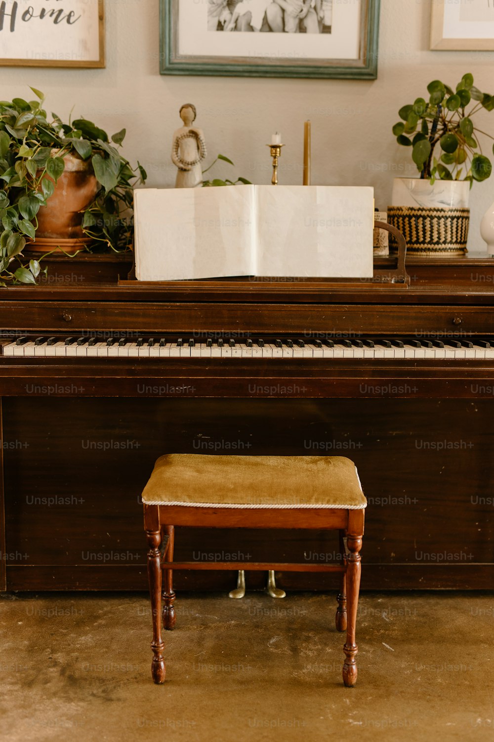 a piano sitting in front of a picture of a plant