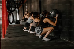 a group of women squatting in a row