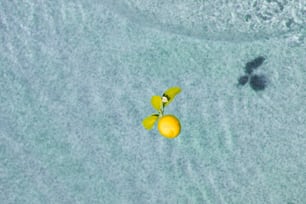 an aerial view of a yellow object floating in the water