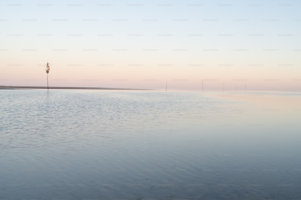 a body of water with a light pole in the distance