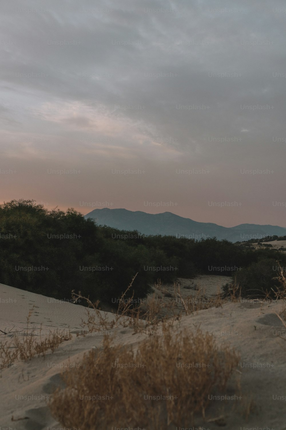 Blick auf eine Bergkette von einer Sanddüne aus