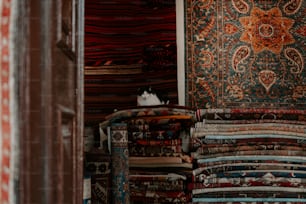 a black and white cat sitting on top of a pile of rugs