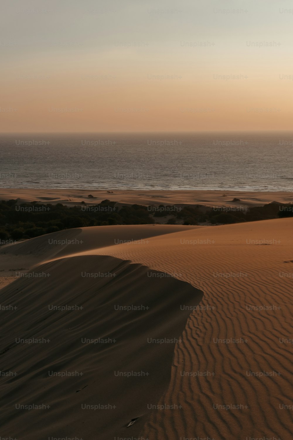 Una playa de arena con un cuerpo de agua en la distancia