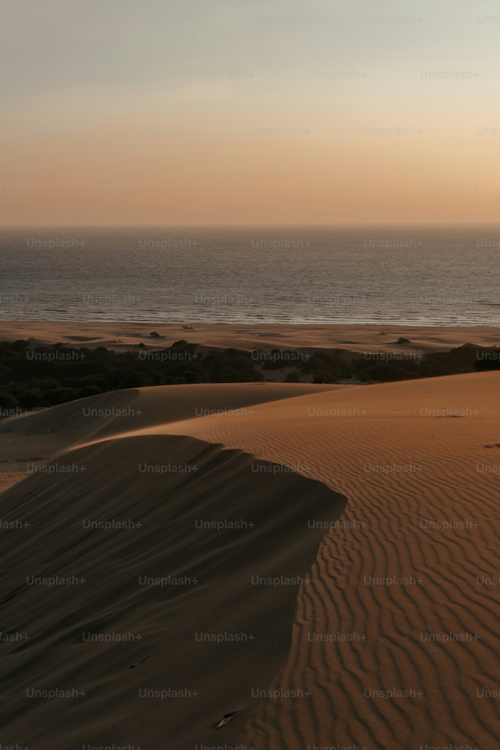 a sandy beach with a body of water in the distance