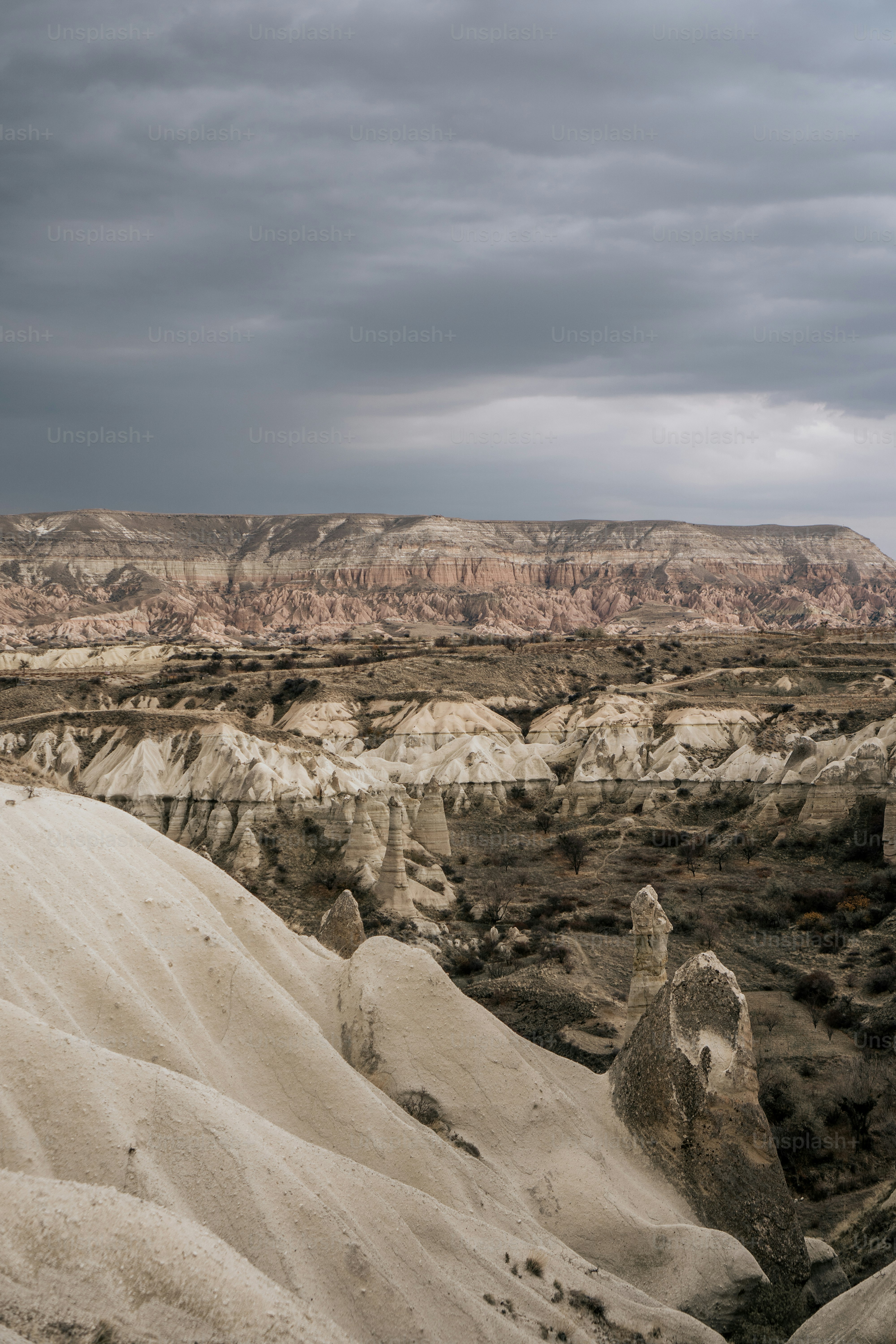 a view of a rocky landscape with a mountain in the background