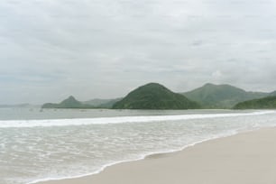 uma praia de areia com montanhas no fundo