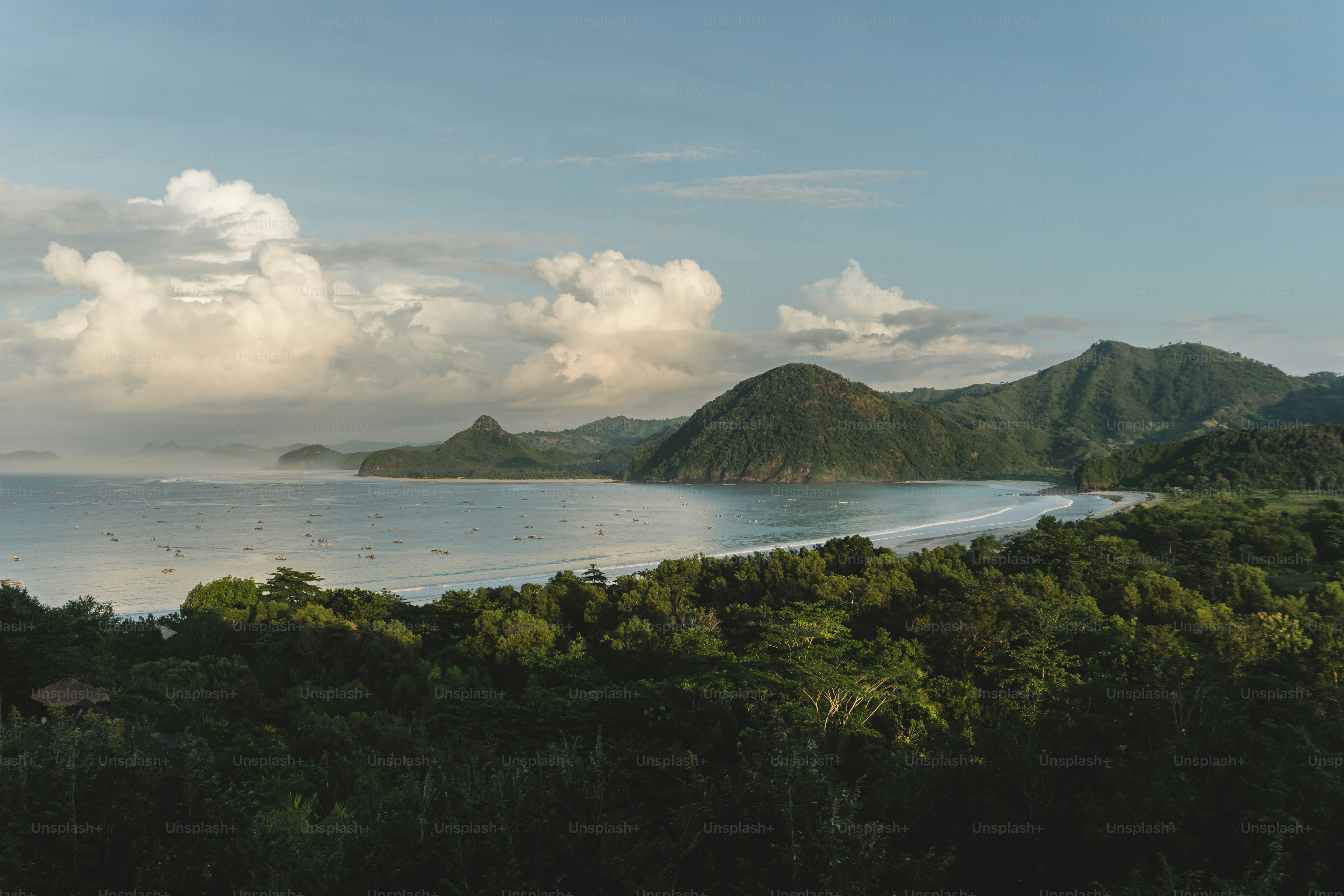 a scenic view of a beach with a mountain in the background