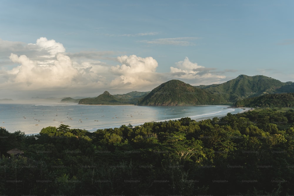 uma vista panorâmica de uma praia com uma montanha ao fundo