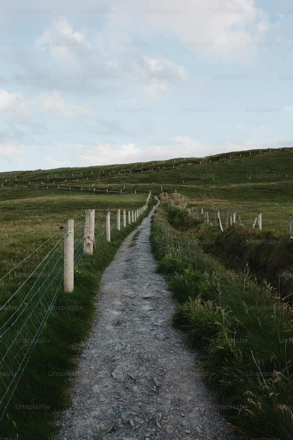 un chemin de terre menant à une colline herbeuse