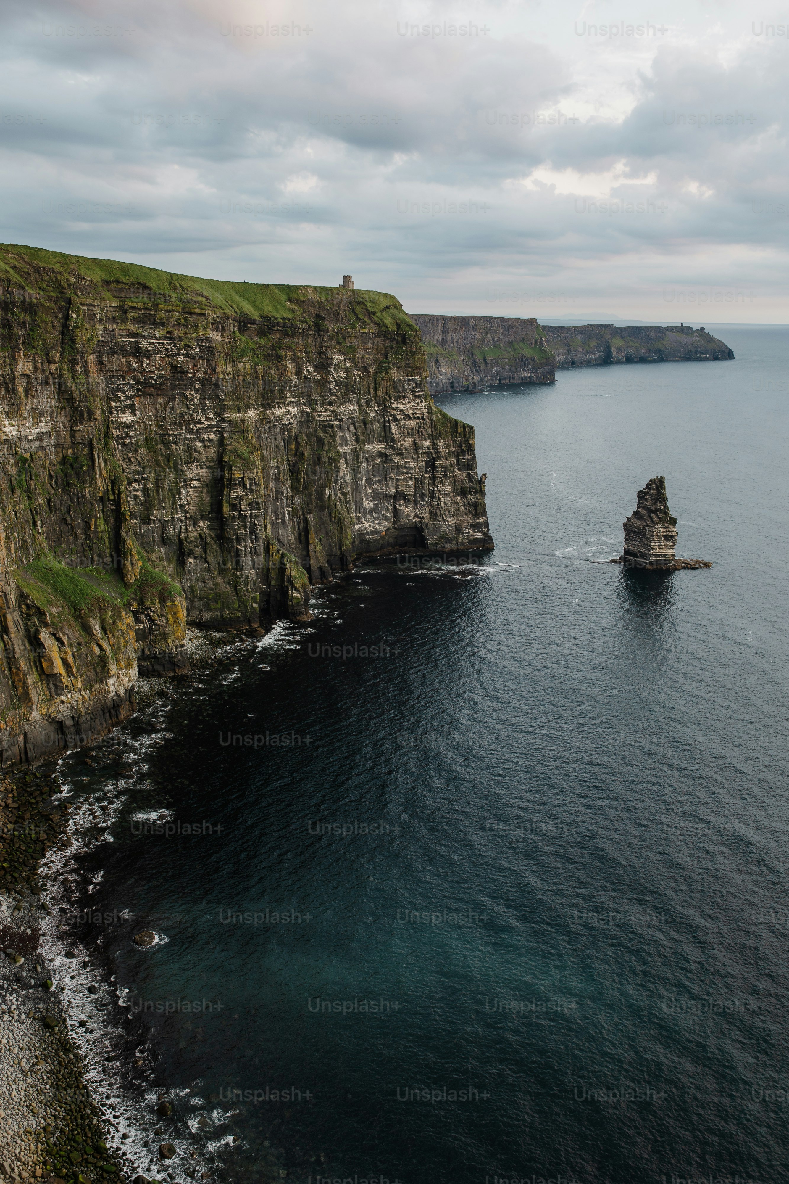 a large body of water near a rocky cliff