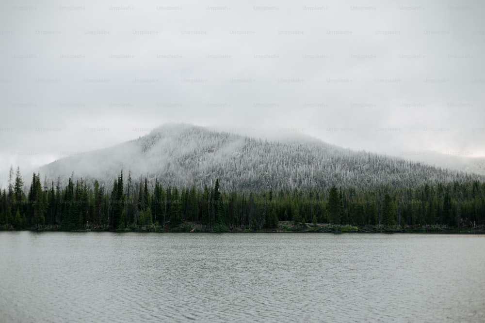 uma montanha coberta de neve ao lado de um lago