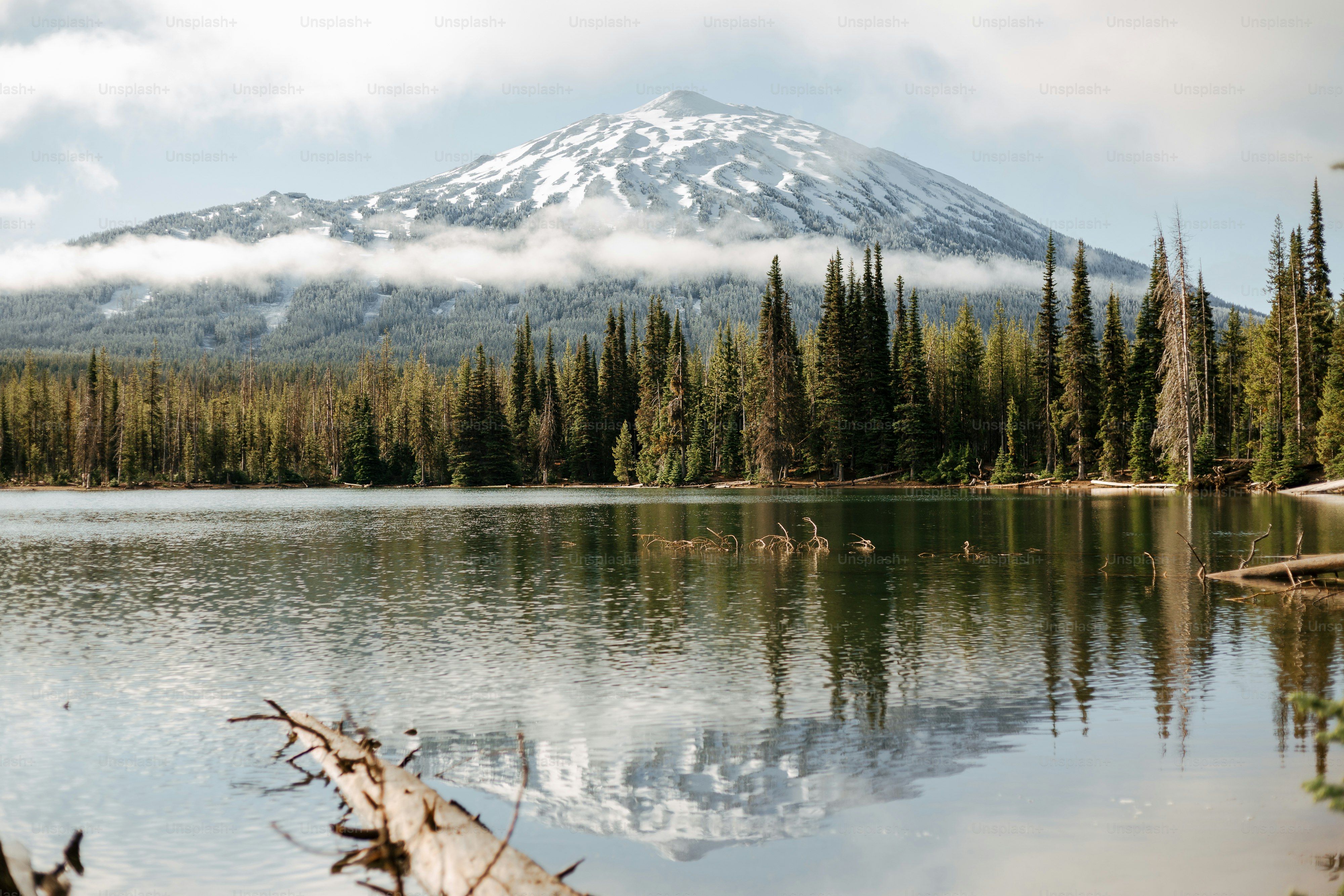 a mountain is in the distance with a lake in the foreground