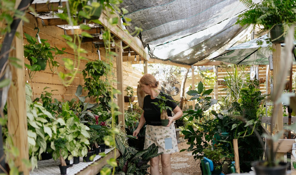 a woman is looking at plants in a greenhouse