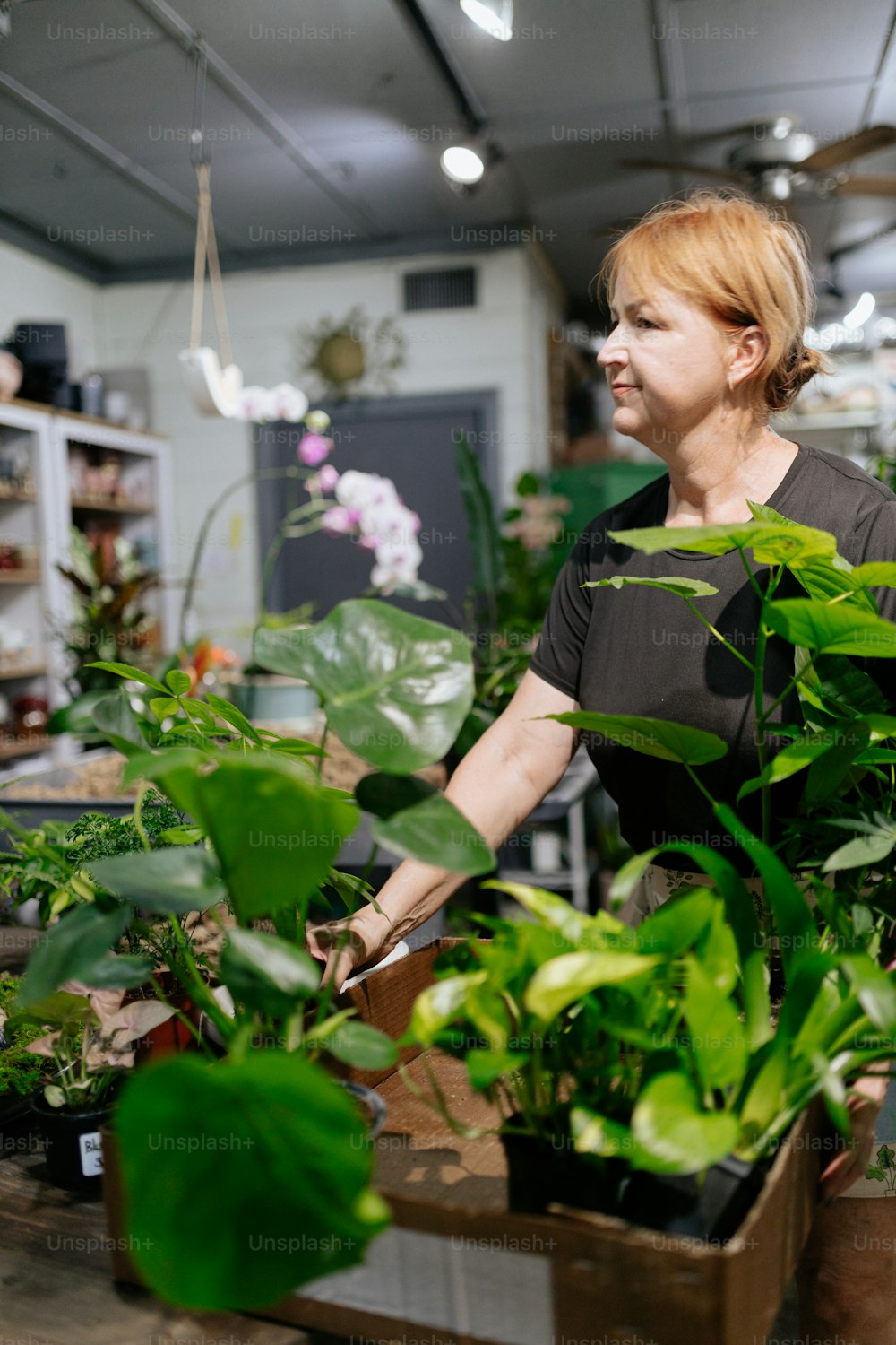 a woman is working in a flower shop