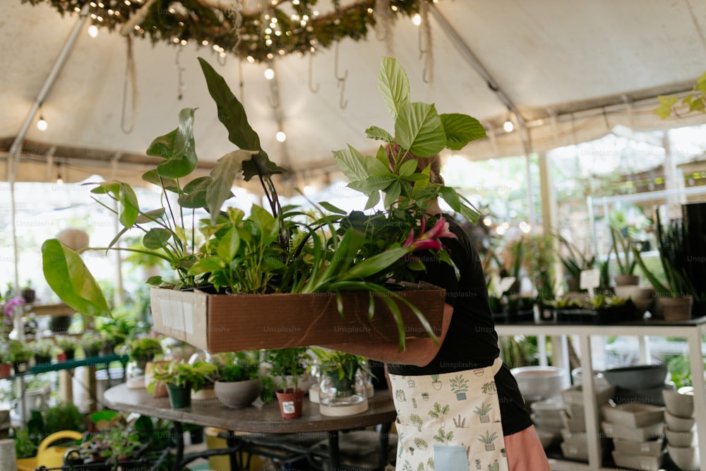 a woman holding a potted plant inside of a tent