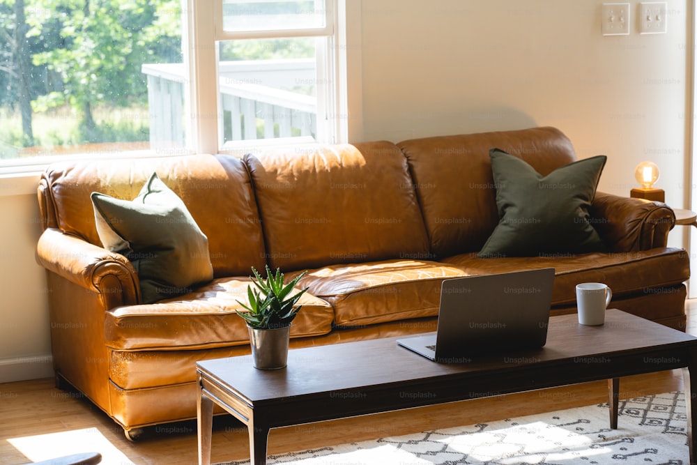 a living room with a couch, coffee table and a laptop