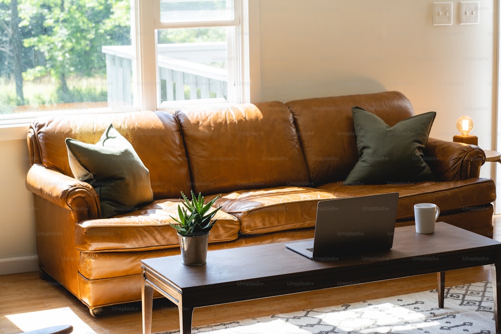 una sala de estar con sofá, mesa de café y un ordenador portátil
