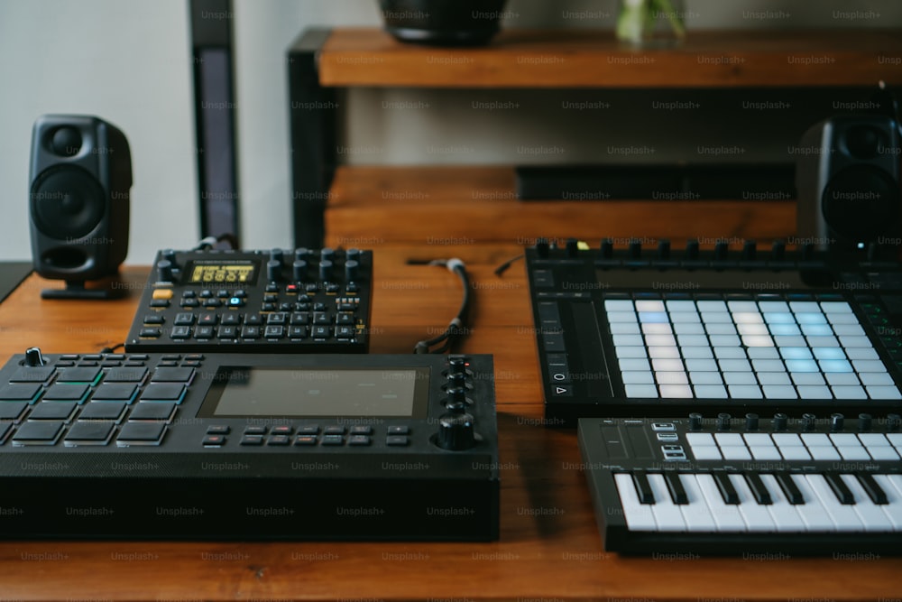 a wooden table topped with musical equipment