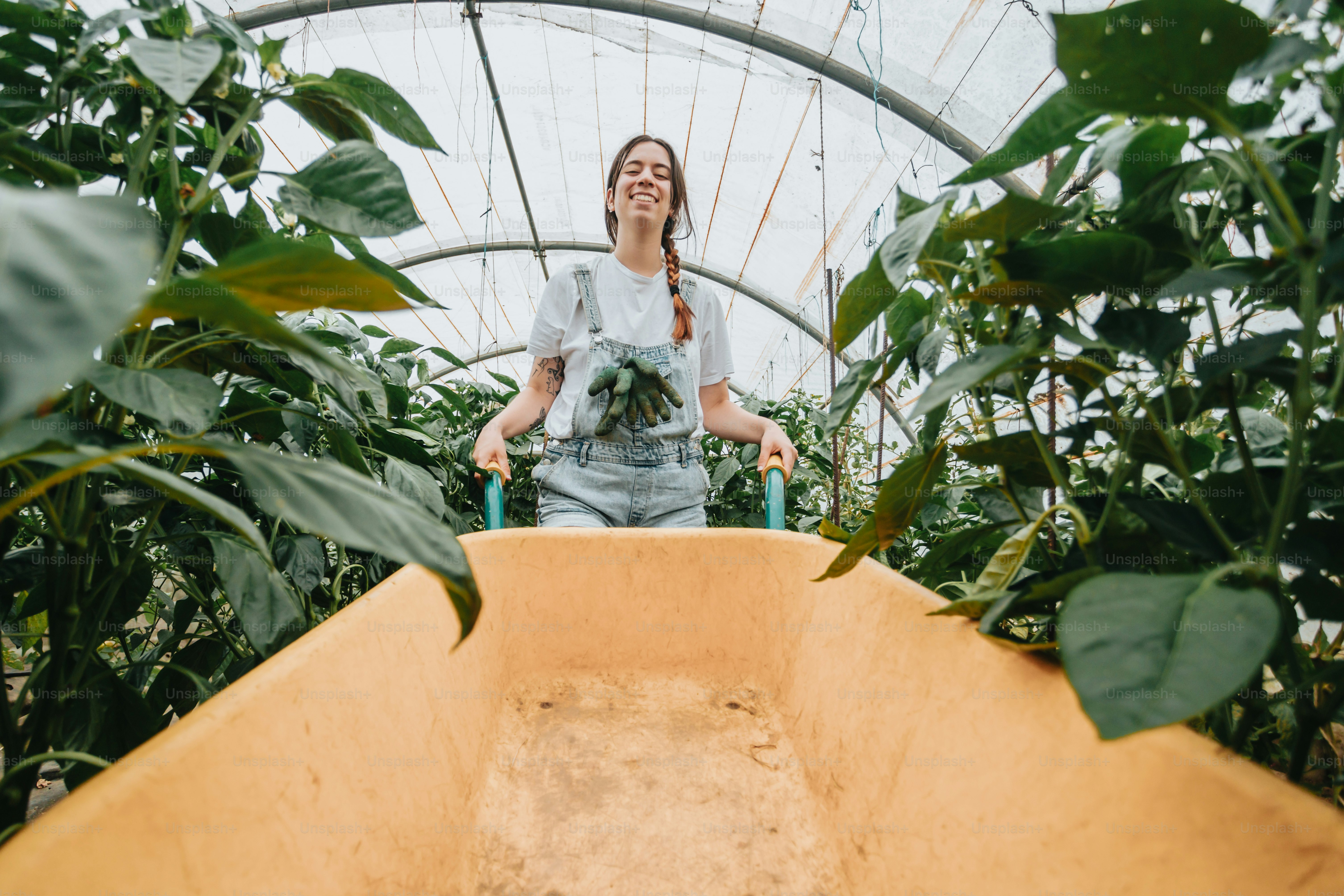 a woman standing in a greenhouse holding a plant