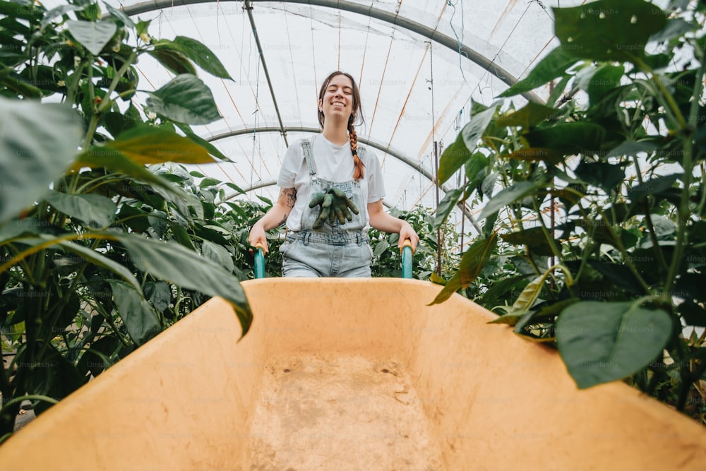 Una mujer parada en un invernadero sosteniendo una planta