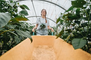 a woman standing in a greenhouse holding a plant