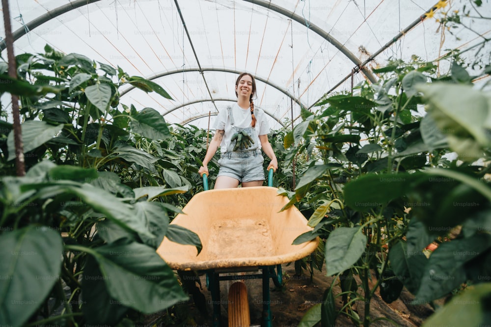 a woman standing in a greenhouse with a wheelbarrow