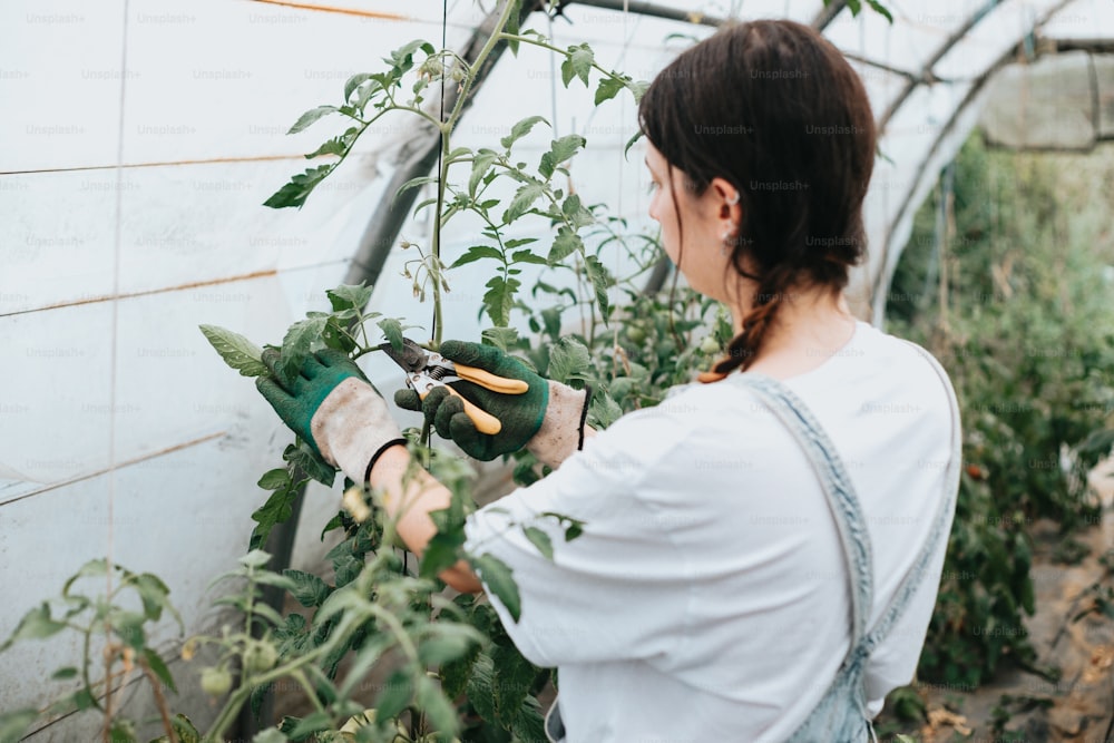 Una mujer con camisa blanca y guantes verdes trabajando en un invernadero