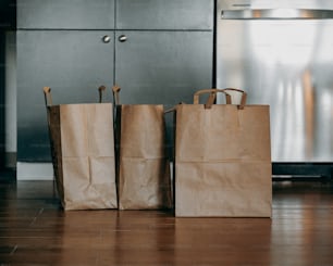 three brown paper bags sitting on top of a wooden floor