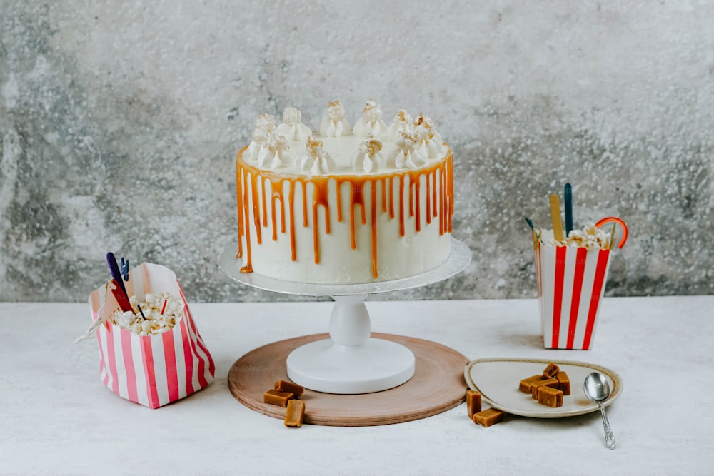a cake with caramel drizzle on top of it