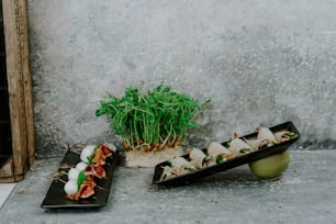 a table topped with trays of food next to a potted plant