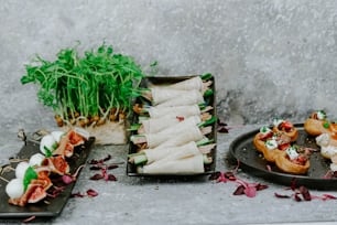 uma mesa coberta com pratos de comida ao lado de uma planta