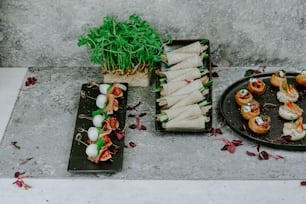 a table topped with plates of food next to a plant