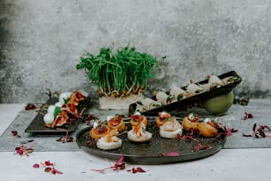 a plate of food on a table with a potted plant in the background