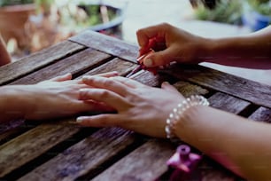 a group of people sitting at a wooden table