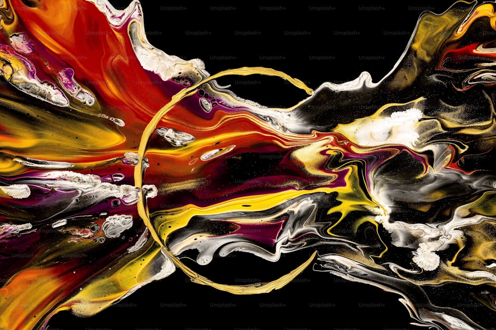 uma pintura abstrata de cores amarelas, vermelhas e pretas