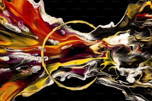 an abstract painting of yellow, red, and black colors