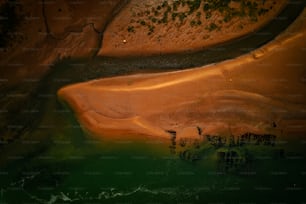 an aerial view of a sandy beach and a body of water