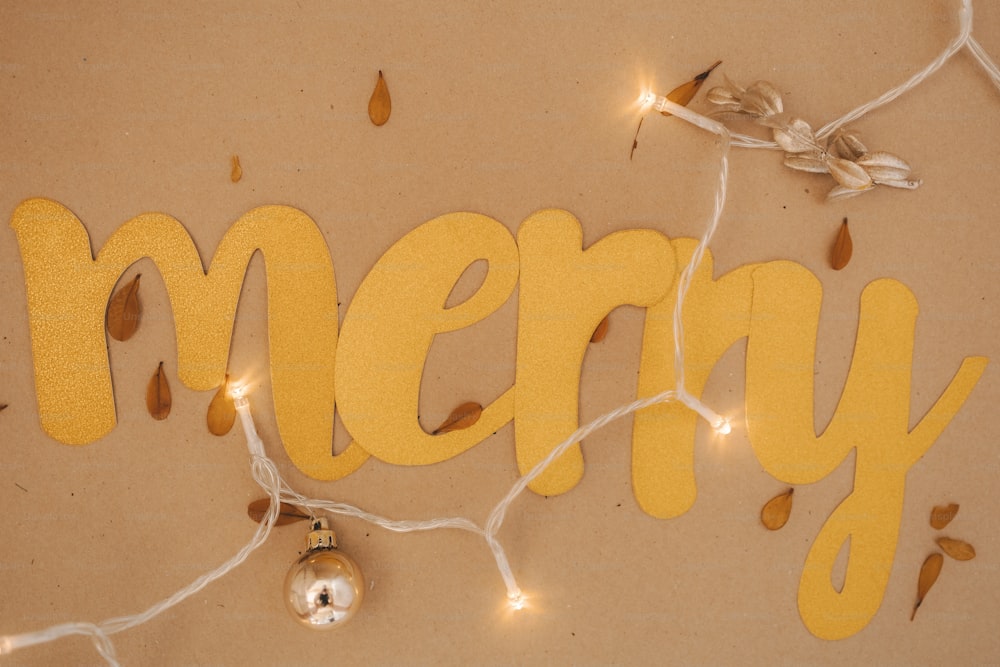 the word merry spelled out with christmas lights